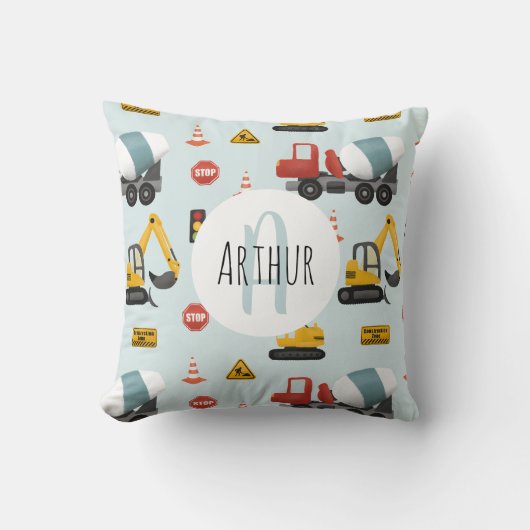Boys Cute Blue Construction Transport & Name Kinde Kussen (Voorkant)