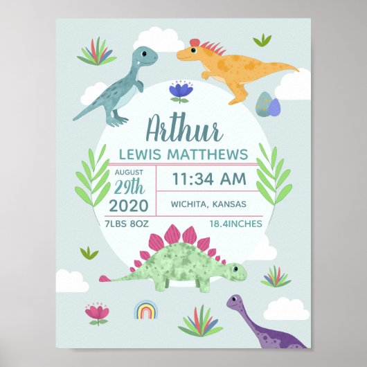 Boys Cute Blue Dinosaur Birth Stats Baby Nursery Poster (Voorkant)