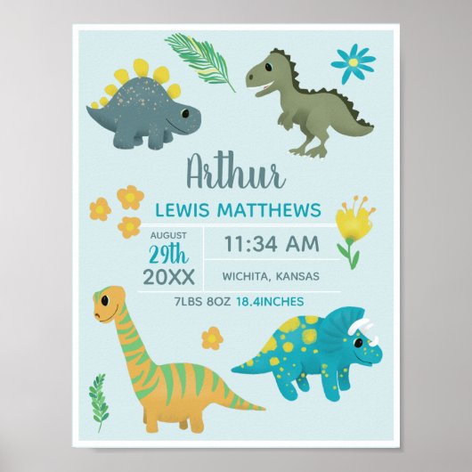 Boys Cute Blue Dinosaur Birth Stats Baby Nursery Poster (Voorkant)