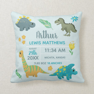 Boys Cute Blue Dinosaur Birth Stats Baby Nursery T Kussen