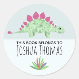 Boys Cute Blue Dinosaur Cartoon Kinder Bookplate Ronde Sticker