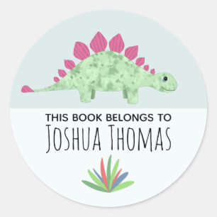 Boys Cute Blue Dinosaur Cartoon Kinder Bookplate Ronde Sticker
