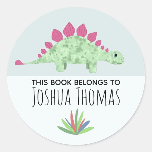 Boys Cute Blue Dinosaur Cartoon Kinder Bookplate Ronde Sticker (Voorkant)