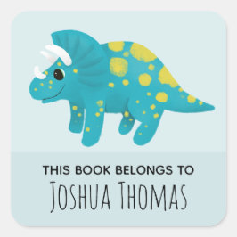 Boys Cute Blue Dinosaur Cartoon Kinder Bookplate Vierkante Sticker