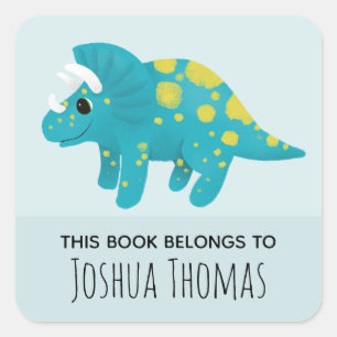 Boys Cute Blue Dinosaur Cartoon Kinder Bookplate Vierkante Sticker