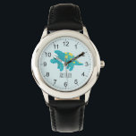 Boys Cute Blue Dinosaur Cartoon & Name Kinder Horloge<br><div class="desc">Dit schattige en moderne blauwe kinder horloge heeft een blauwe en gele segosaurus dinosaurus cartoon en kan gepersonaliseerd worden met je jongens naam. Met duidelijke, gemakkelijk leesbare getallen is dit 'eerste' horloge geweldig voor kinderen of peuters die pas beginnen met het leren van de tijd. Het perfecte dinosaurusdesign voor je...</div>