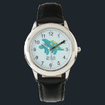Boys Cute Blue Dinosaur Cartoon & Name Kinder Horloge<br><div class="desc">Dit schattige en moderne blauwe kinder horloge heeft een blauwe en gele segosaurus dinosaurus cartoon en kan gepersonaliseerd worden met je jongens naam. Met duidelijke, gemakkelijk leesbare getallen is dit 'eerste' horloge geweldig voor kinderen of peuters die pas beginnen met het leren van de tijd. Het perfecte dinosaurusdesign voor je...</div>