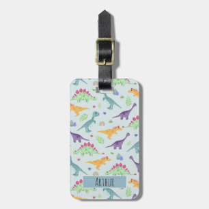 Boys Cute Blue Dinosaur Pattern Name Kinder Bagagelabel