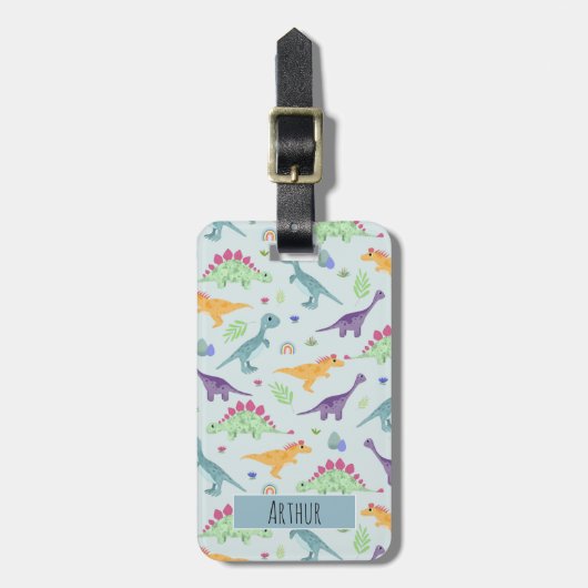 Boys Cute Blue Dinosaur Pattern Name Kinder Bagagelabel (Voorkant verticaal)