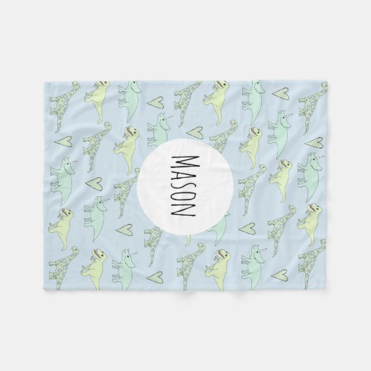 Boys Cute Blue Dinosaur Pattern & Name Kinder Fleece Deken (Voorkant (Horizontaal))