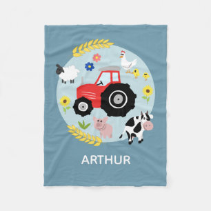 Boys Cute Blue Farm Animals Tractor & Name Kinder Fleece Deken