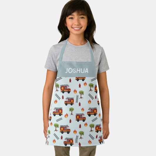 Boys Cute Blue Fire Truck Transport Pattern Kinder Schort (Insitu)