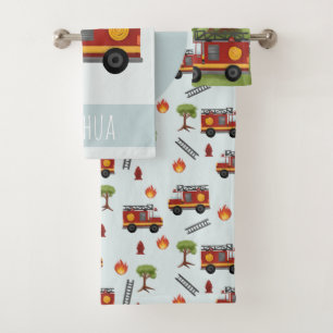 Boys Cute Blue Fireman Truck Pattern Kinder Bad Handdoek