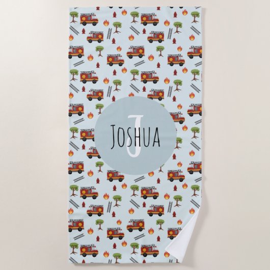 Boys Cute Blue Fireman Truck Pattern Kinder Strandlaken (Voorkant)