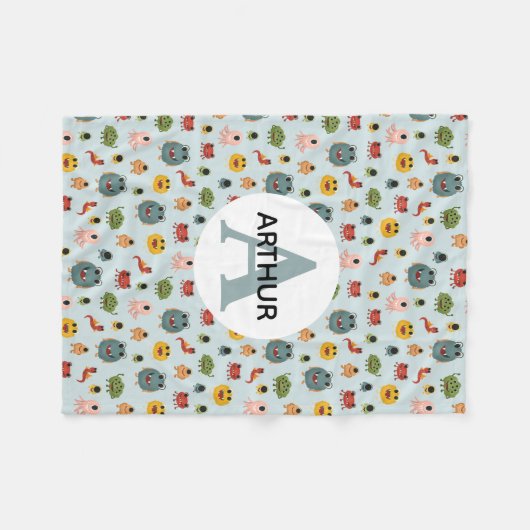 Boys Cute Blue Monster Alien Monogram Kinder Fleece Deken (Voorkant (Horizontaal))