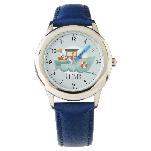 Boys Cute Blue Nautical Ocean Boat Kinder Horloge (Voorkant)