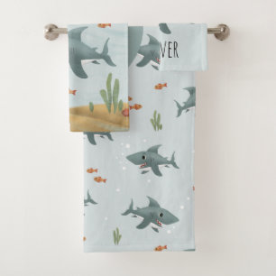 Boys Cute Blue Ocean Shark Monogram Kinder Bad Handdoek