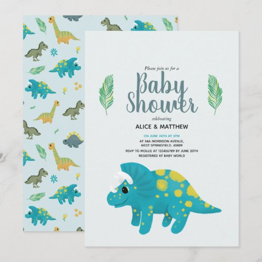 Boys Cute Blue Oerwoud T-Rex Dinosaur Baby shower Kaart (Voorkant / Achterkant)