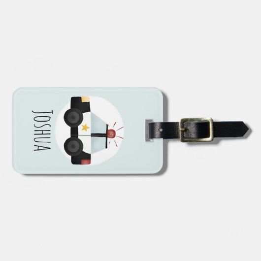 Boys Cute Blue Police Car Cartoon and Name Kinder Bagagelabel (Voorkant horizontaal)