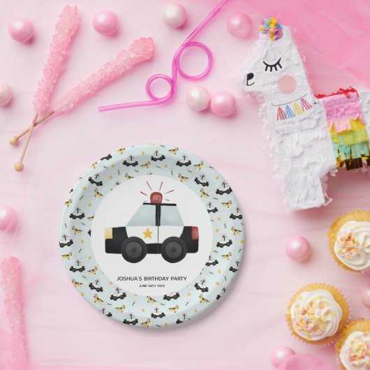 Boys Cute Blue Police Car Toddler Happy Birthday Papieren Bordje (Feest)