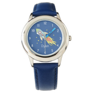 Boys Cute Blue Rocket Space en naam Kind Horloge