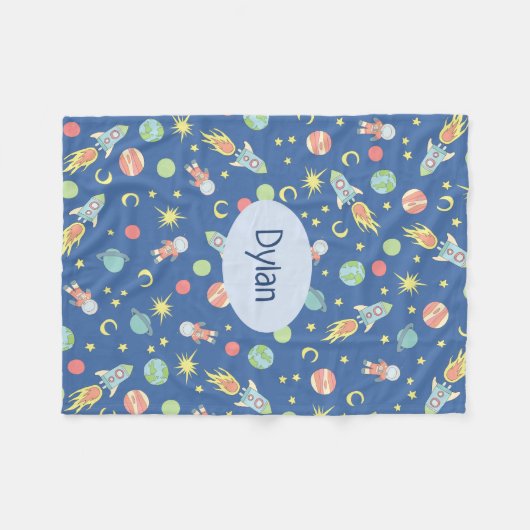 Boys Cute Blue Rocket Space Pattern en naam Fleece Deken (Voorkant (Horizontaal))