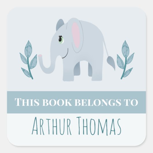 Boys Cute Blue Safari Elephant Kinder Bookplate Vierkante Sticker (Voorkant)