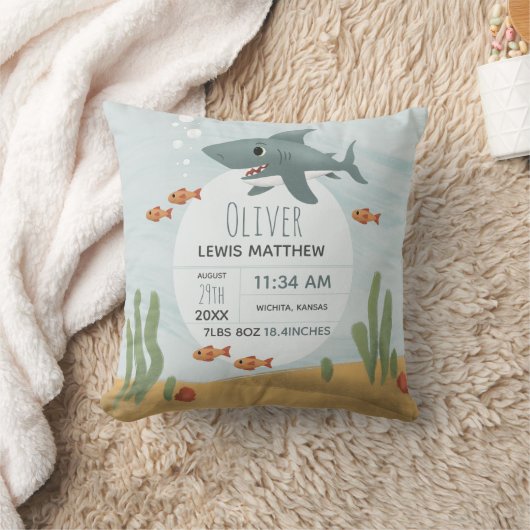 Boys Cute Blue Shark Keepomwille Birth Stats Kussen (Deken)