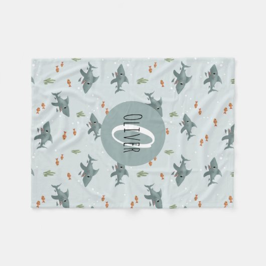 Boys Cute Blue Shark Pattern Monogram Kinder Fleece Deken (Voorkant (Horizontaal))