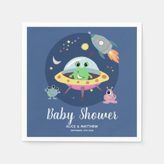 Boys Cute Blue Space Alien Baby shower Napkins Servet (Voorkant)