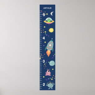 Boys Cute Blue Space Alien & Name Growth Chart Poster
