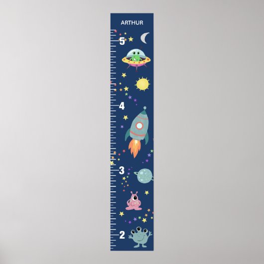 Boys Cute Blue Space Alien & Name Growth Chart Poster (Voorkant)