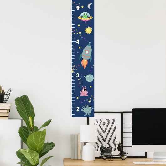 Boys Cute Blue Space Alien & Name Growth Chart Poster (Thuiskantoor)
