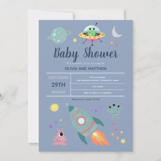 Boys Cute Blue Space Alien Rocket Baby shower Kaart (Voorkant)