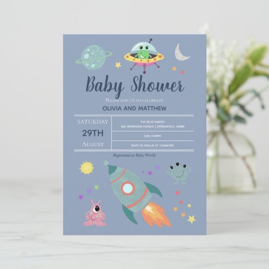 Boys Cute Blue Space Alien Rocket Baby shower Kaart (Staand voorkant)