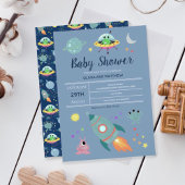 Boys Cute Blue Space Alien Rocket Baby shower Kaart