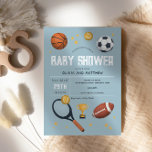 Boys Cute Blue Sports Baby shower Kaart<br><div class="desc">Dit leuke en moderne baby shower-uitnodigingsontwerp van jongens kenmerkt een blauw sportpatroon met een basketbal, football, voetbal, tennisracket, trofie en sterren. De uitnodiging kan worden gepersonaliseerd met de namen van de ouder en andere details die nodig zijn voor uw partij. De perfecte sport die de toevoeging aan je medewetende koppels...</div>