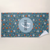 Boys Cute Blue Sports Monogram Kinder Strandlaken (Voorkant)