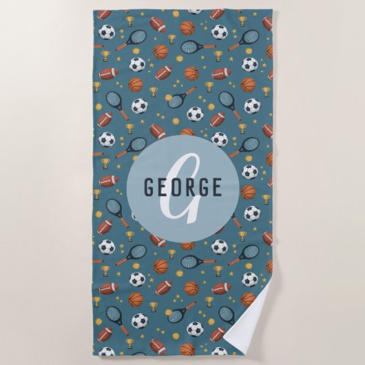 Boys Cute Blue Sports Monogram Kinder Strandlaken (Voorkant)