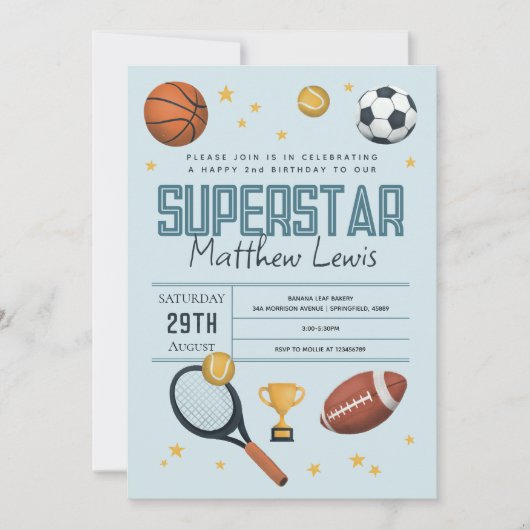 Boys Cute Blue Sports Superstar Kinder 2e verjaard Kaart (Voorkant)