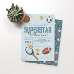 Boys Cute Blue Sports Superstar Kinder 2e verjaard Kaart<br><div class="desc">Dit leuke en moderne ontwerp van de 2de verjaardagsuitnodiging voor jongens is voorzien van een blauw superster-cartoon met een basketbal, football, voetbal, tennisracket, trofie en sterren. Uitnodigen kan met de naam van uw kind en andere details noodzakelijk voor uw partij worden gepersonaliseerd, en kan ook voor andere leeftijden worden uitgegeven....</div>