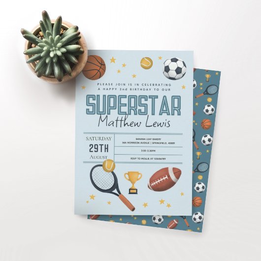 Boys Cute Blue Sports Superstar Kinder 2e verjaard Kaart