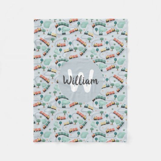 Boys Cute Blue Train Monogram Patroon Kinder Fleece Deken (Voorkant)