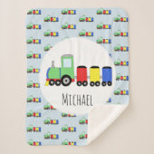 Boys Cute Blue Train Pattern met Name Kinder Sherpa Deken (Voorkant)