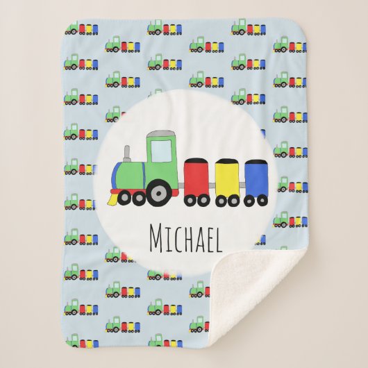 Boys Cute Blue Train Pattern met Name Kinder Sherpa Deken (Voorkant)