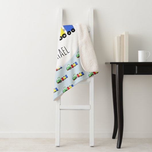 Boys Cute Blue Train Pattern met Name Kinder Sherpa Deken (In situ)