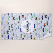 Boys Cute Blue Transport Pattern Auto Name Kinder Strandlaken (Voorkant)