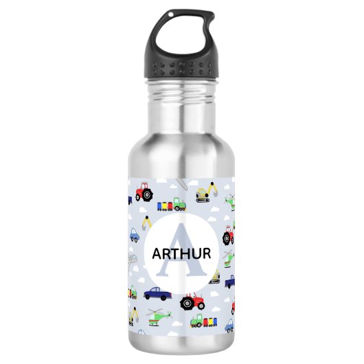 Boys Cute Blue Transport Train and Car Kinder Scho Waterfles (Voorkant)