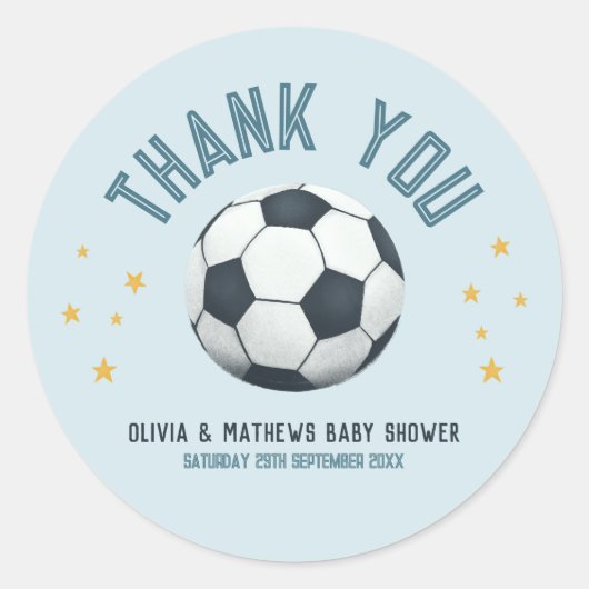 Boys Cute Blue Voetbal Dank je Baby shower Ronde Sticker (Voorkant)