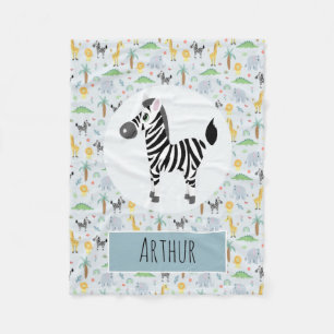 Boys Cute Blue Zebra & Safari Pattern Name Kinder Fleece Deken